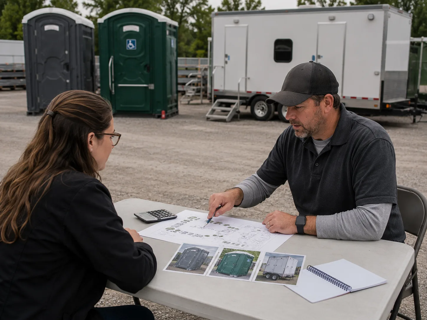 Rental specialist explaining portable restroom options clearly