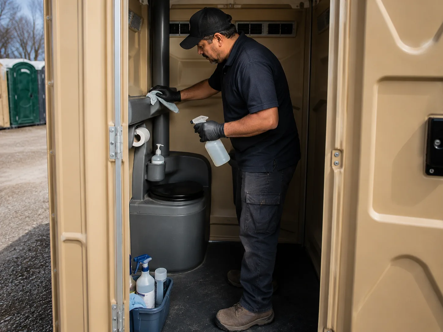 Technician inspecting and cleaning a portable restroom