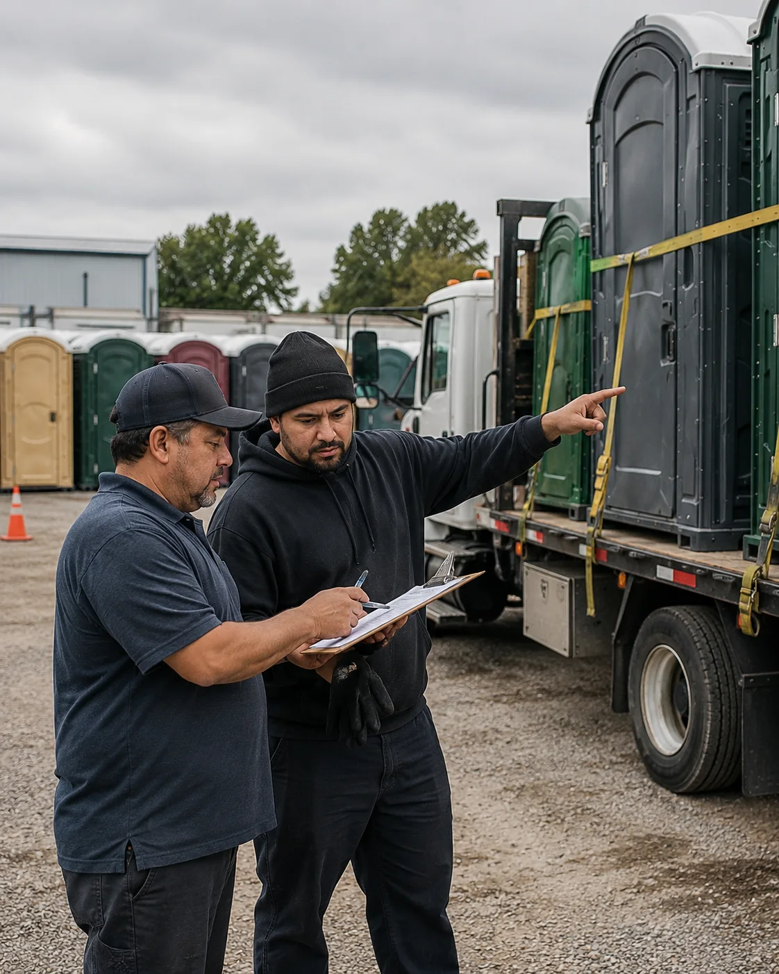 Portable restroom rental team reviewing the day’s service plan