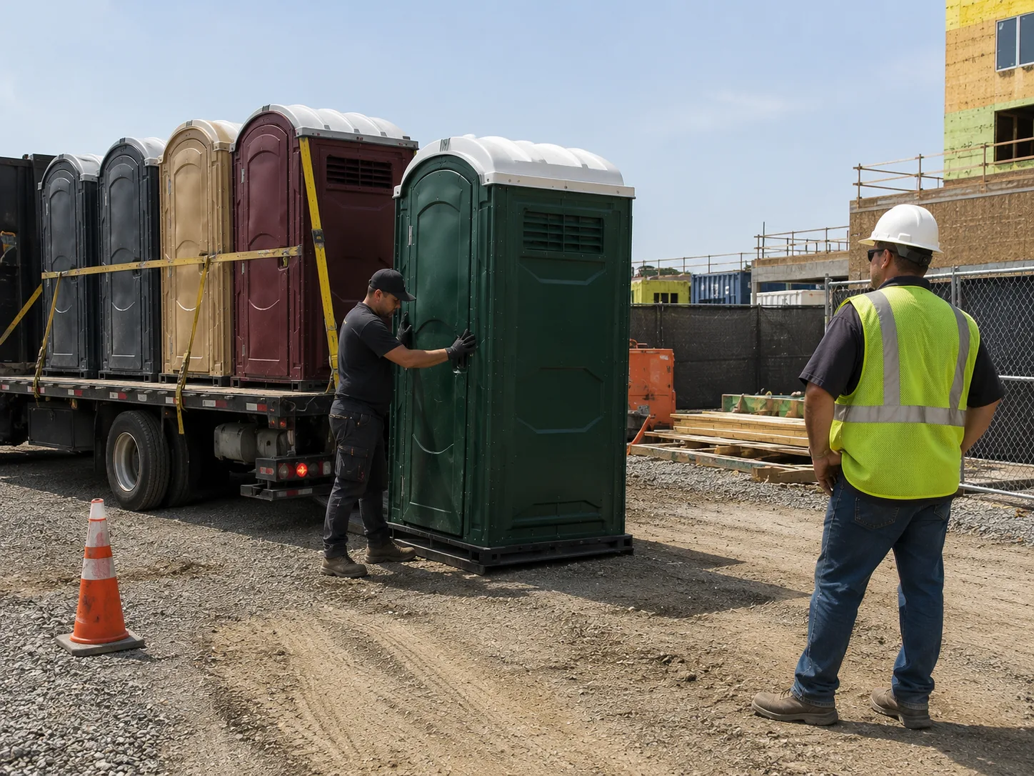 Portable restroom delivery being coordinated at a work site