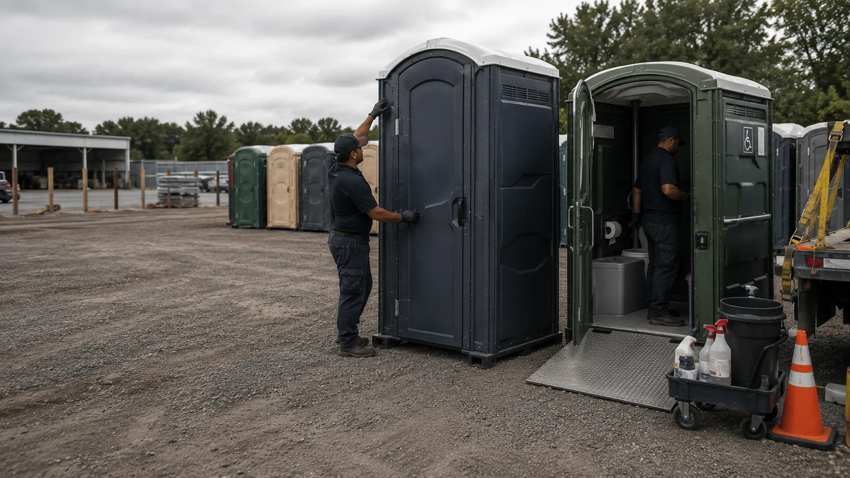 Portable restroom service team completing a pre-delivery inspection