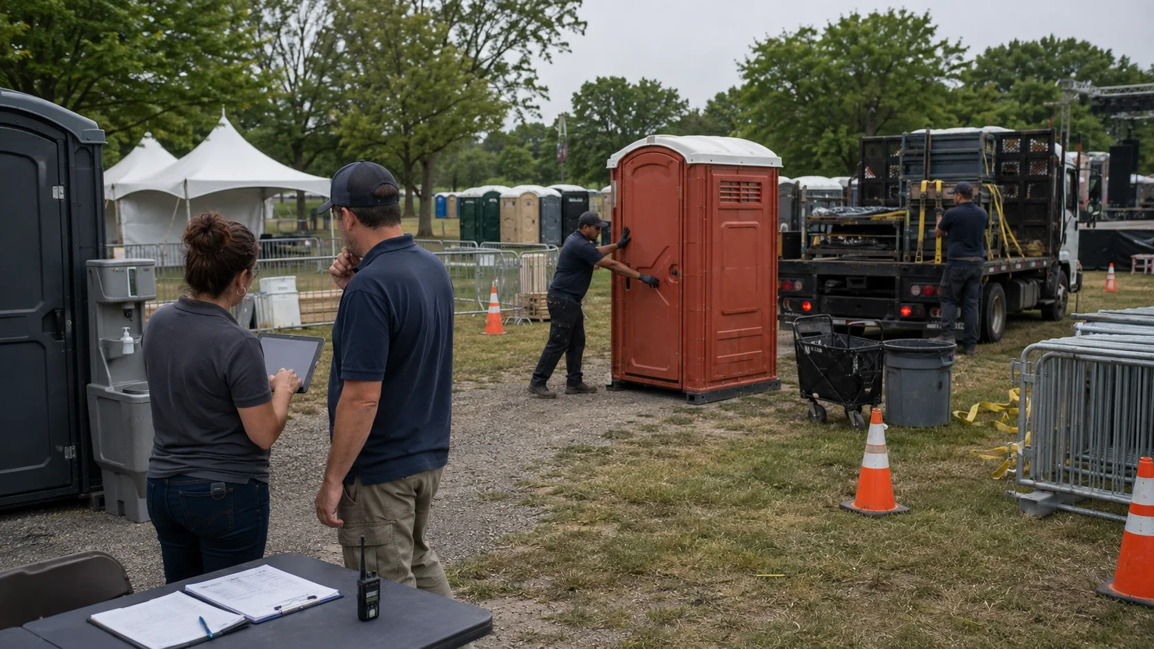 Portable restroom rental team coordinating an event setup