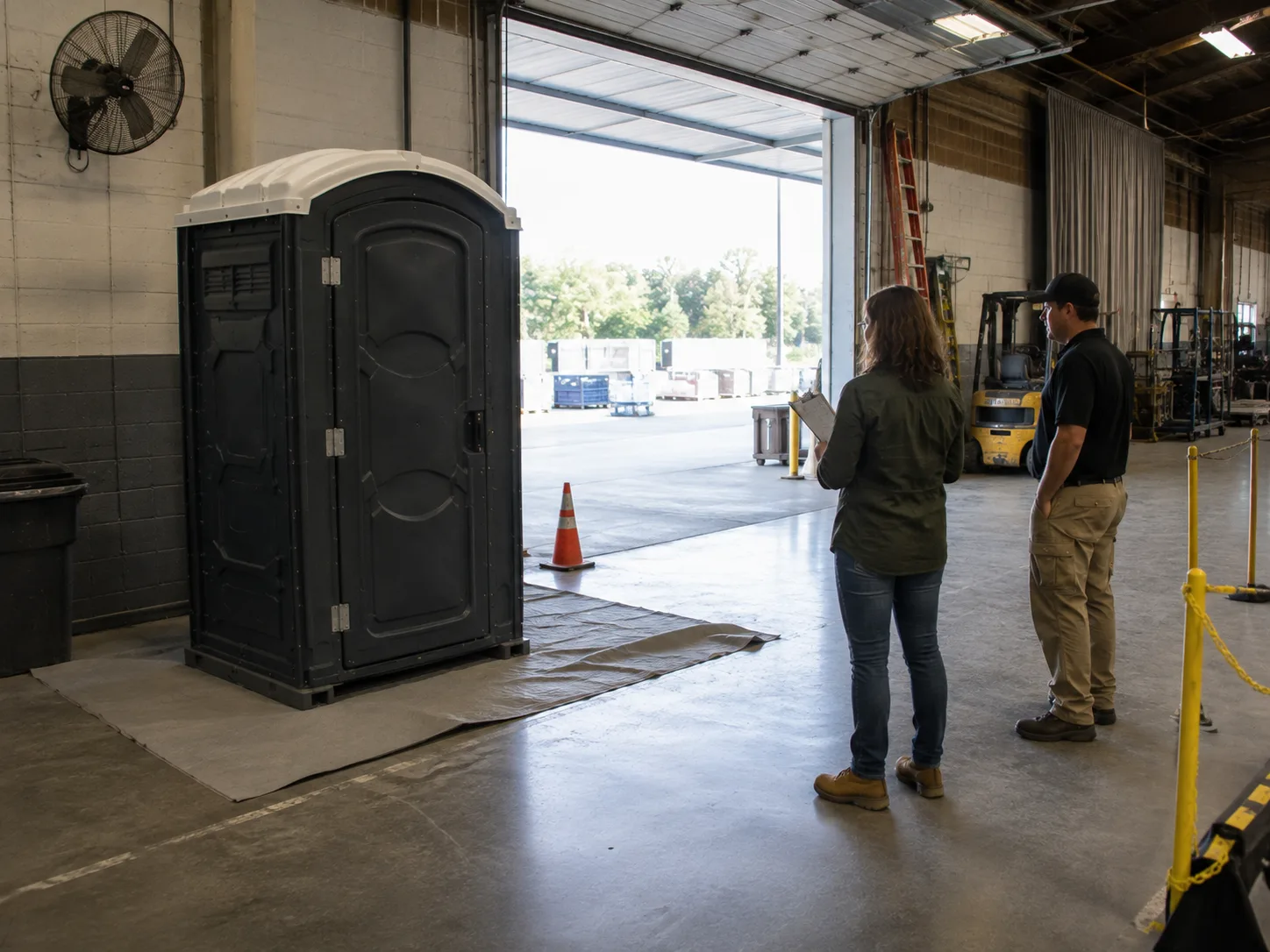 Portable restroom positioned inside a ventilated warehouse venue
