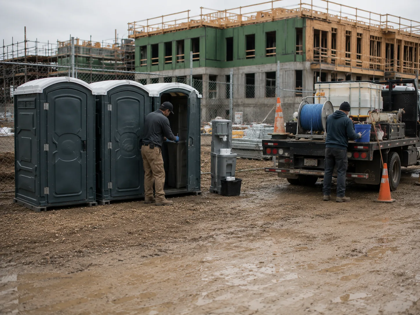 Long-term portable restroom rental at a construction site