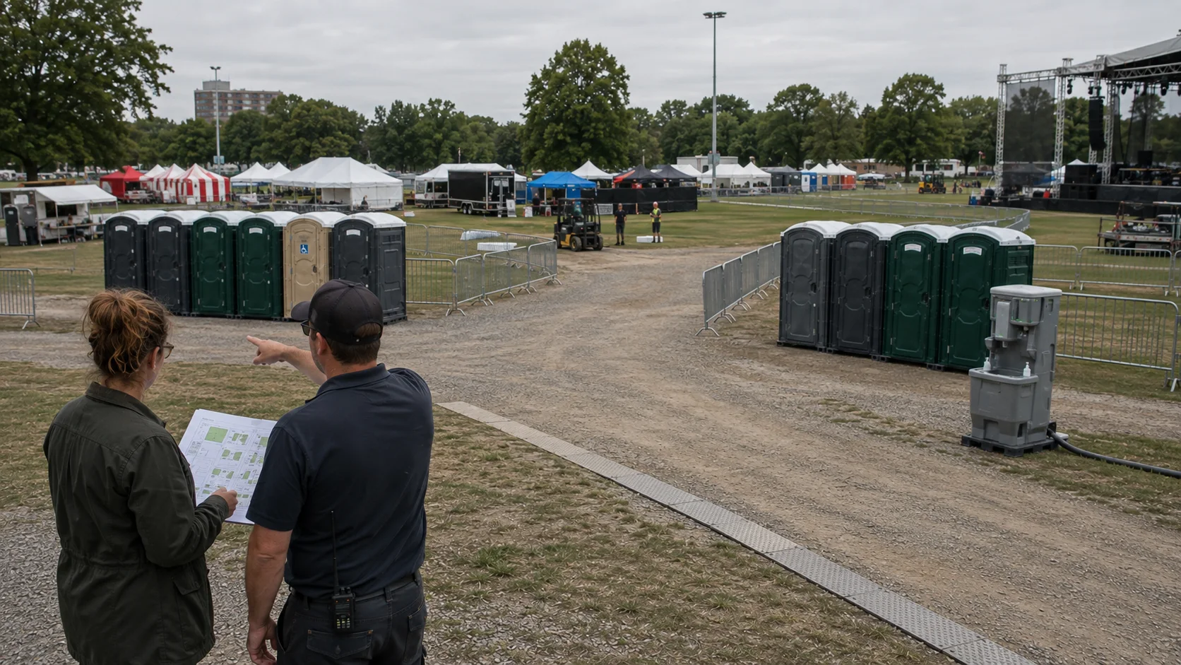 Portable restrooms distributed across a community event site