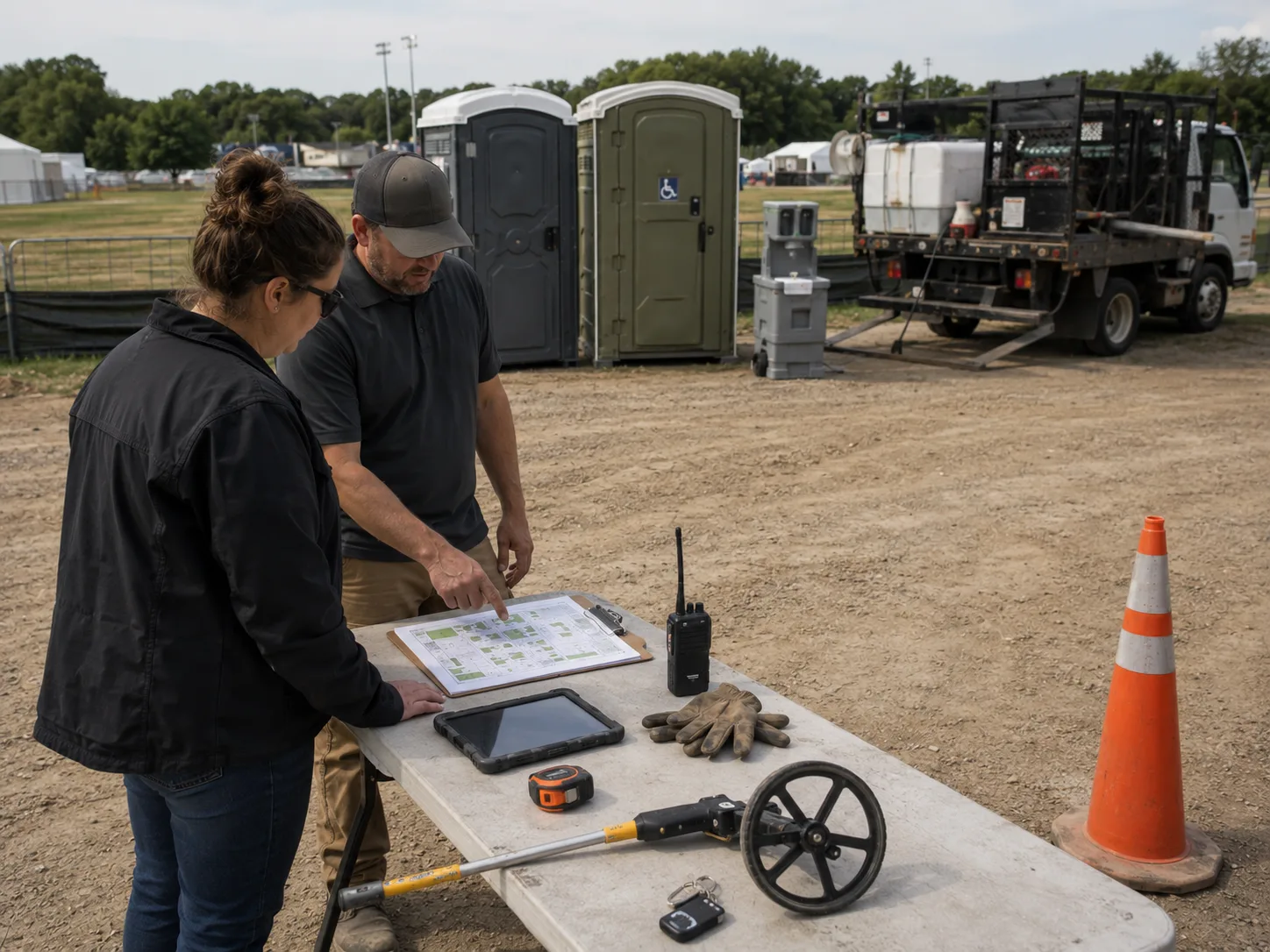 Rental coordinator reviewing a portable toilet site plan