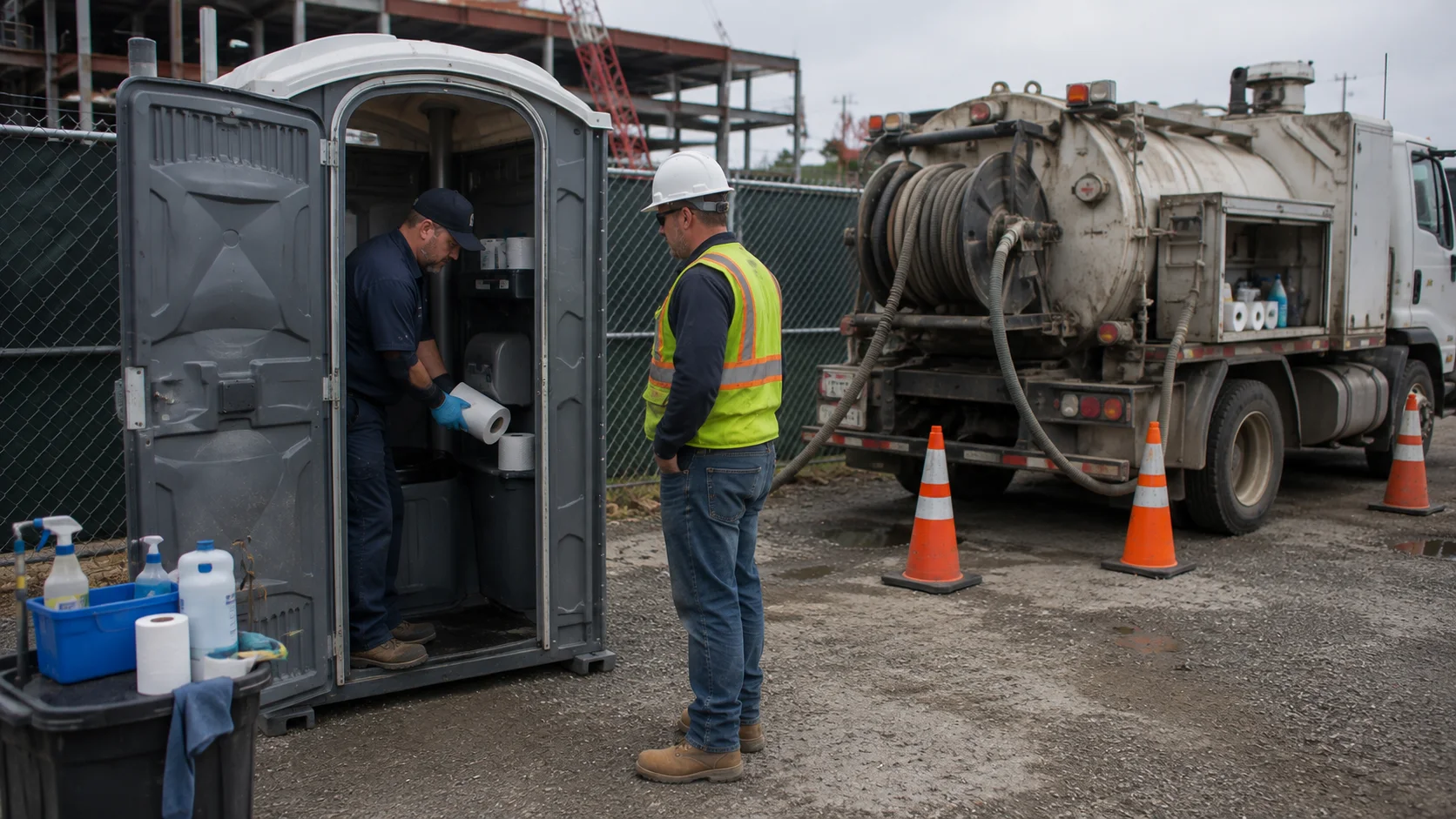 Service technician responding to an active portable restroom rental