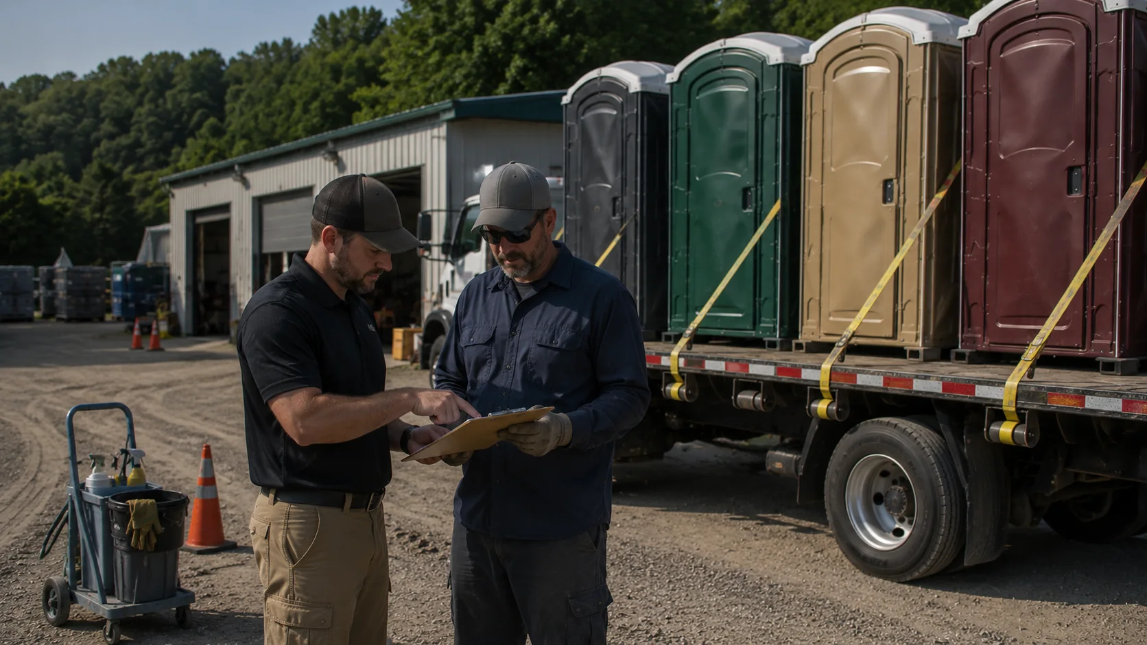 Rental coordinator and delivery driver confirming the day’s portable restroom route