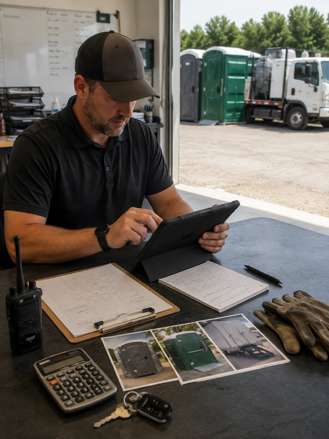 Rental specialist preparing a portable restroom quote