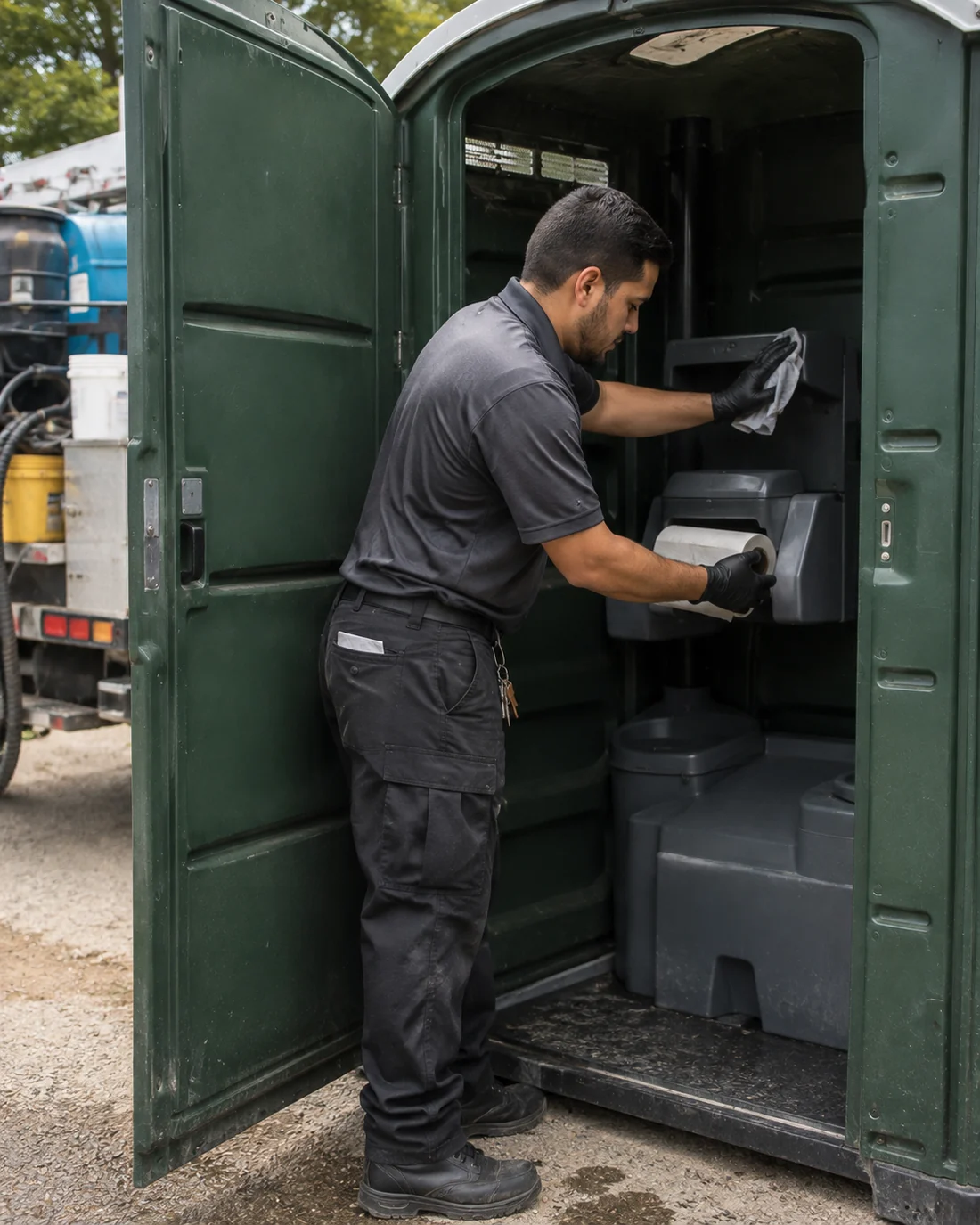 Technician cleaning and restocking a portable restroom