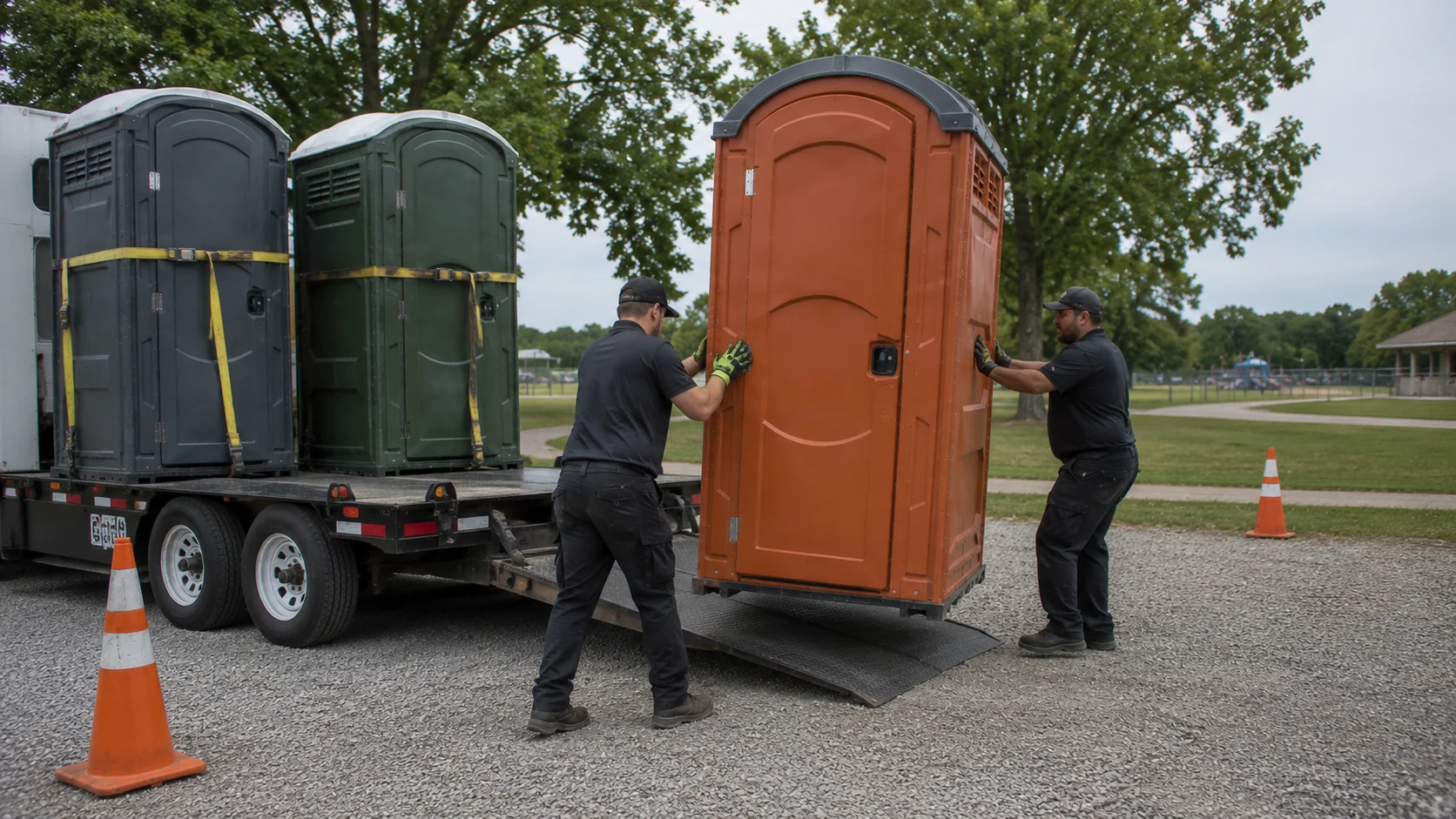 Portable restroom delivery team positioning a unit