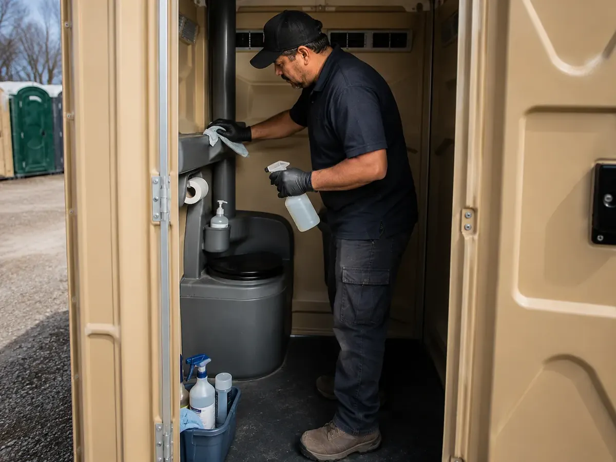 Technician inspecting and cleaning a portable restroom