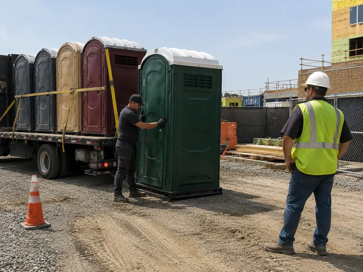 Portable restroom delivery being coordinated at a work site