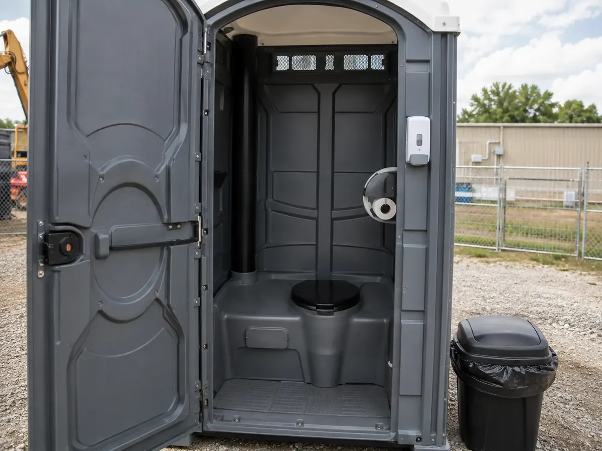 Interior of a portable restroom showing the seat, tank and vent